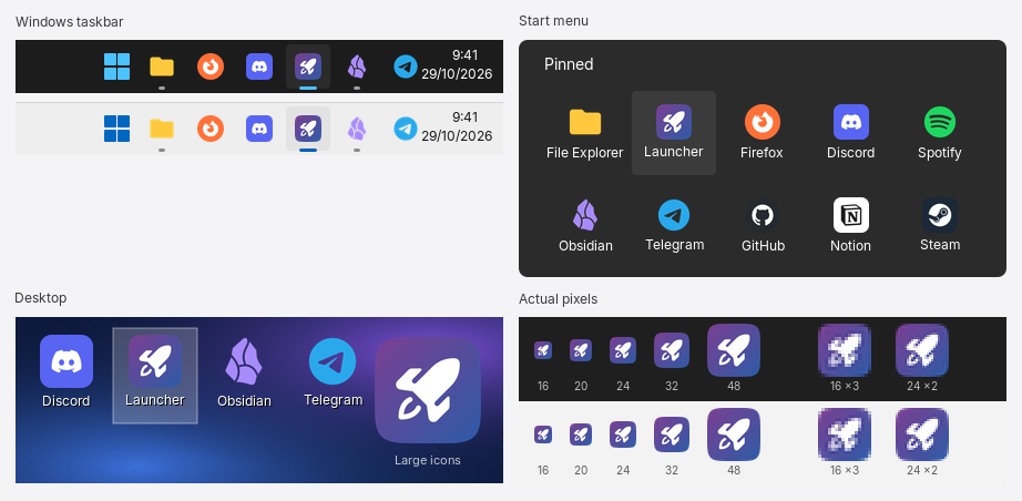 The rocket icon on a Windows taskbar, Start menu, desktop, and at true pixel sizes